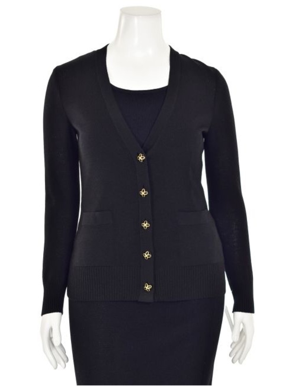 St. John Caviar Long V-Neck Cardigan w/ Pockets in Black SzSmall